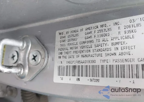2010 Honda Accord 3.5 Ex-L z USA, uszkodzony, nr VIN 1HGCP3F85AA019390